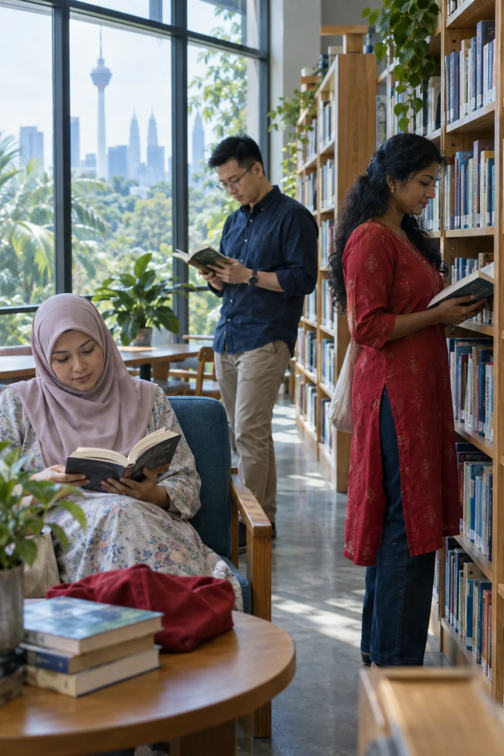 Three readers among the shelves of a community library in Kuala Lumpur.